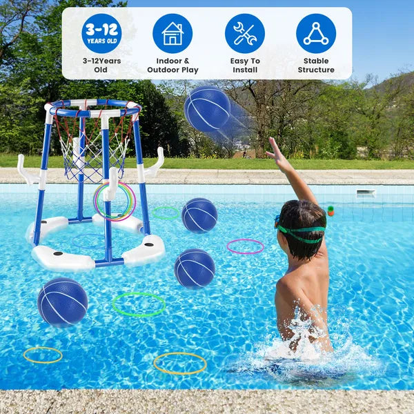 Summer Pool Basketball Hoop Toy Set With 4 Basketballs 4 Circles Floating Swimming Pool Basketball Games Poolside Water Play Toy For 3-12Years Old Kids Adults GPCT5441